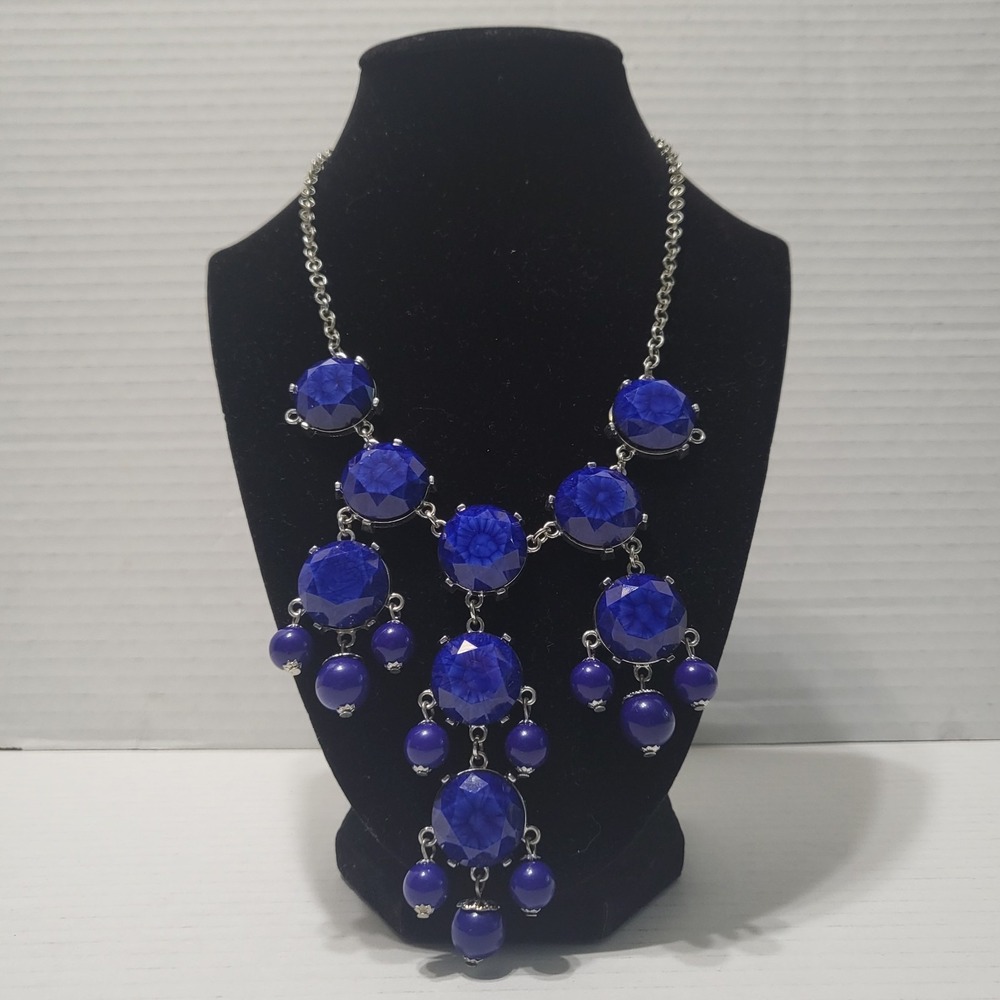 Blue‎ Bead Cha Cha Cluster Necklace Drop Dangle Silver Tone 12" NY Plastic